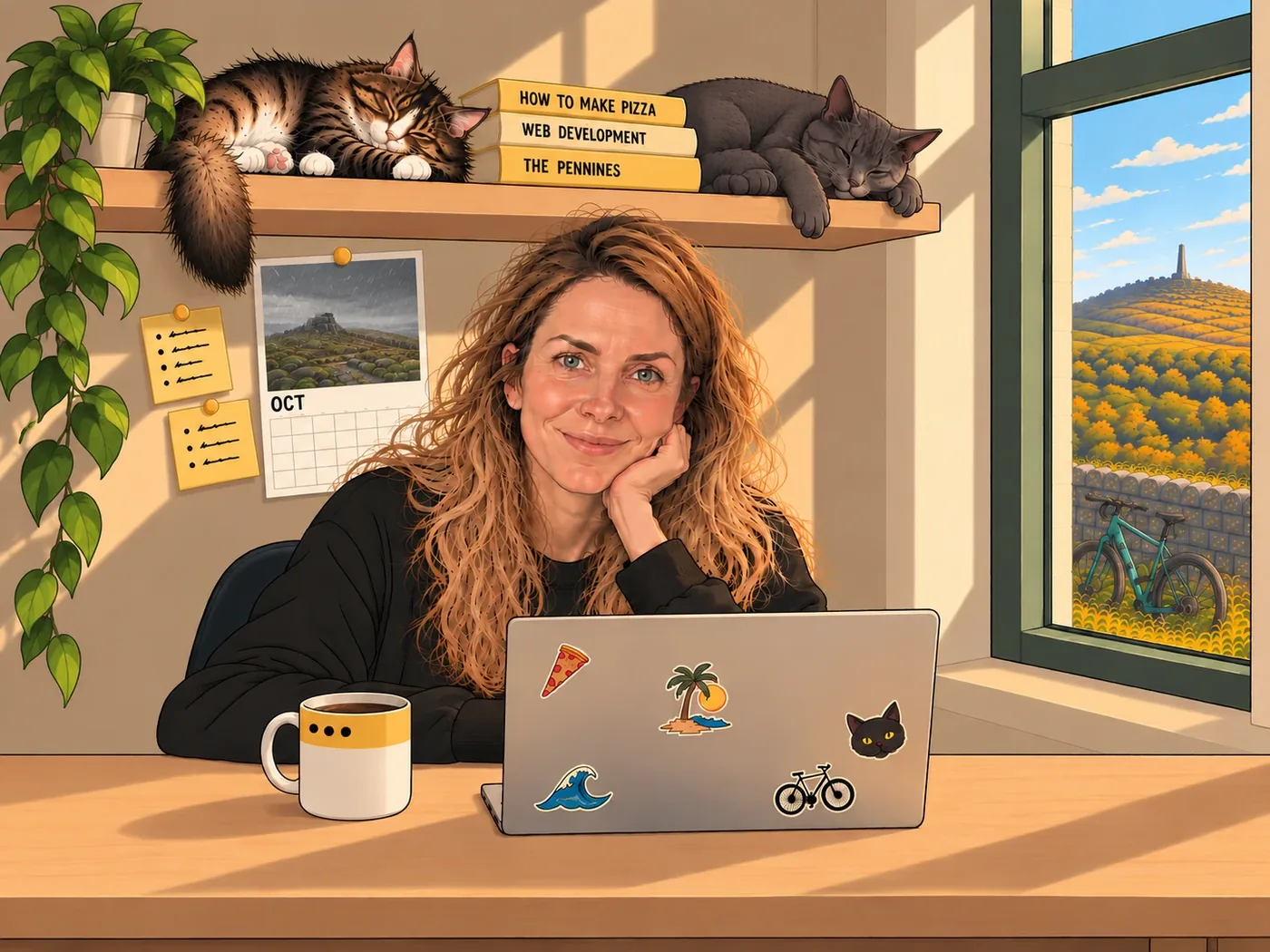 Illustration: me at my desk with a laptop, a mug of tea and two sleeping cats, sunny moors through the window